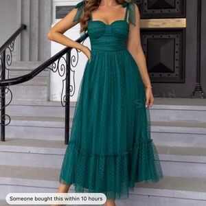 Tie Shoulder Ruffle Hem Mesh Overlay Dress Dark Green Size Small